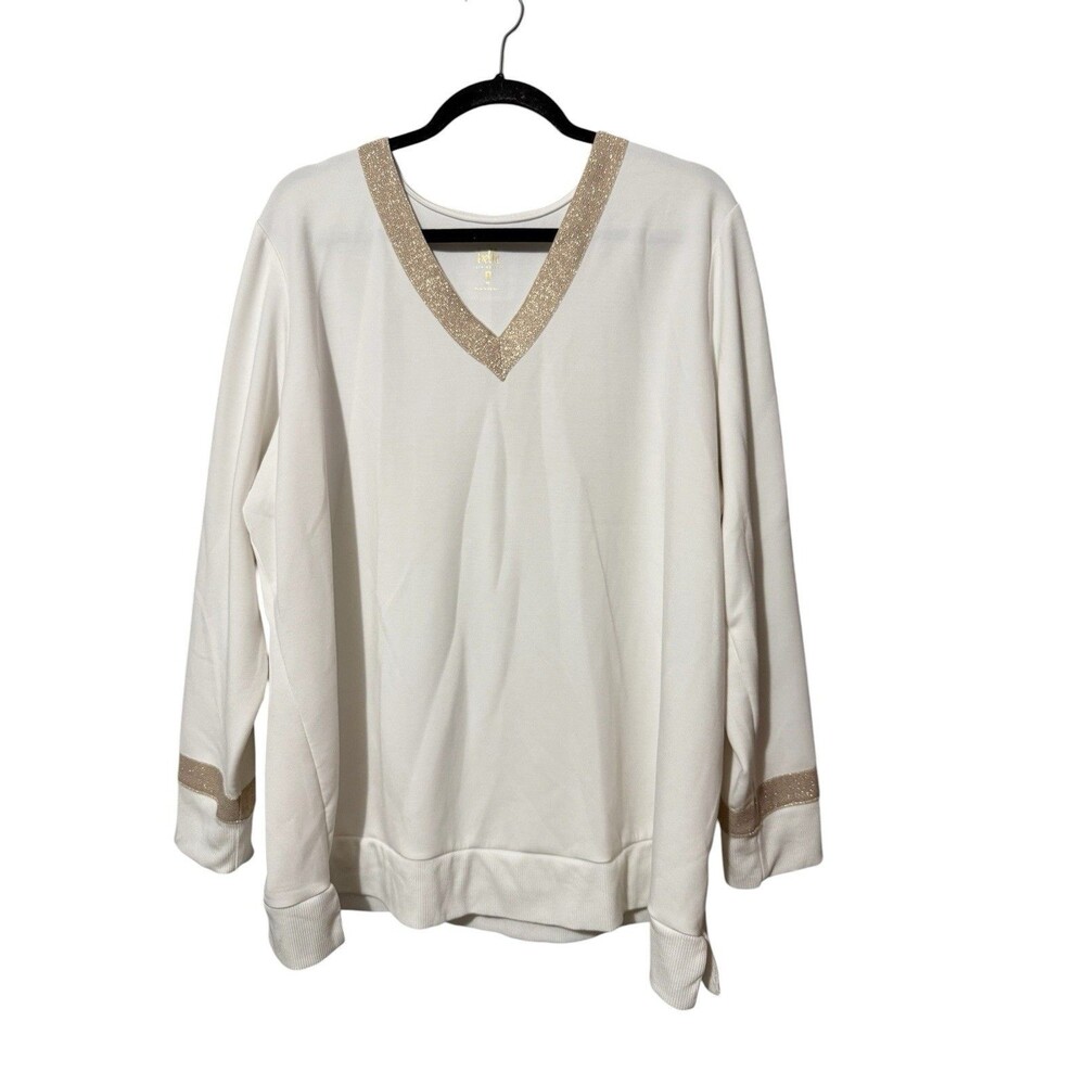 Belle Kim Gravel 2X V Neck Top White Gold Trim Stretch Long Sleeve